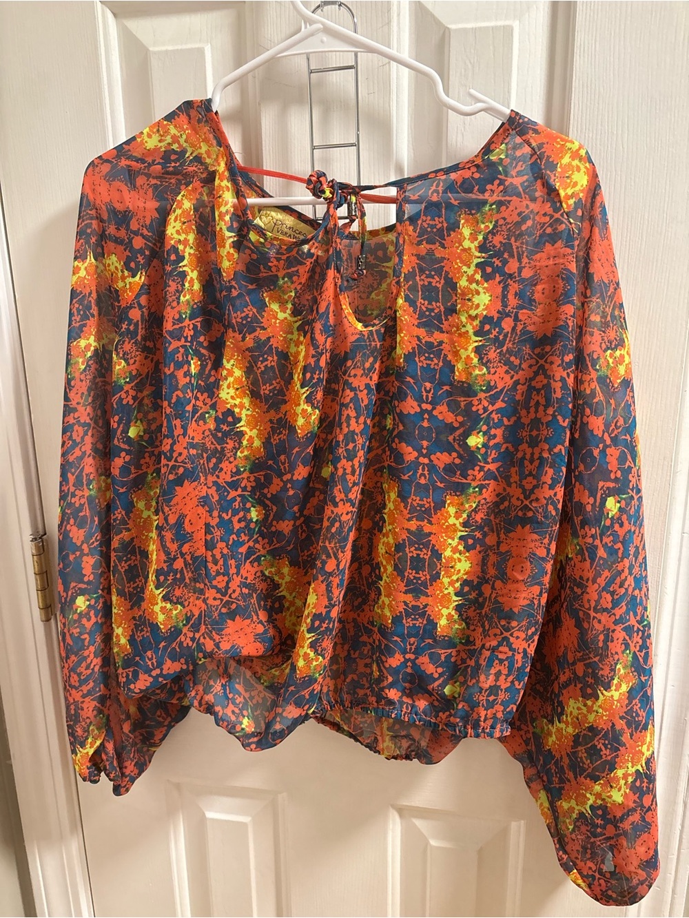 Vera Wang Navy, Orange & Yellow Printed Tie-Back Blouse